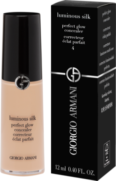 Korektor Giorgio Armani Luminous Silk Perfect Glow odcień 4 w przezroczystej butelce z beżowym płynem, obok czarne pudełko.