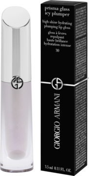 Giorgio Armani Prisma Glass Icy Plumper błyszczyk, jasnofioletowy, obok czarnego opakowania z nazwą.