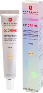 Erborian CC Cream SPF 30 Porcelan, krem korygujący w białej tubce i holograficznym pudełku, widok z przodu.