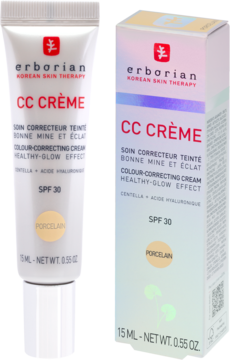 Erborian CC Crème SPF 30 w odcieniu Porcelain, tubka i pudełko stojące obok siebie. Biała tubka z czerwonym logo.