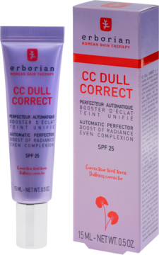 Fioletowy krem Erborian CC Dull Correct w tubce, obok pasujący kartonik. Widok z przodu, z SPF 25, na białym tle.