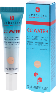 Erborian CC Water Fresh Complexion Gel Skin Perfector Clair, turkusowa tubka obok pudełka, widok z przodu.