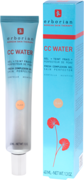 Erborian CC Water żelowy krem korygujący, błękitna tubka i pudełko z czerwonym napisem, 40 ml, widok z przodu.
