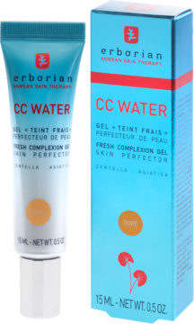 Erborian CC Water Fresh Complexion Gel w niebieskiej tubce obok pudełka, z napisem DORE, na białym tle.