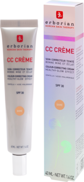 Erborian CC Crème Dore SPF 30, tubka i pudełko z kremem koloryzującym, widok z przodu.