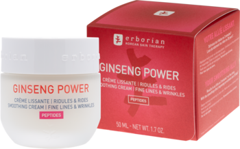 Krem Erborian Ginseng Power z peptydami na zmarszczki, biały słoik i czerwone pudełko, z przodu.