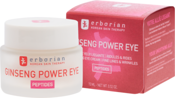 Biały słoiczek kremu pod oczy Erborian Ginseng Power Eye Peptides z różową etykietą, obok różowe pudełko.