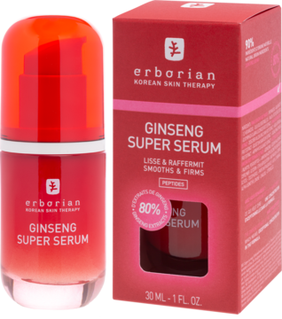 Czerwona butelka Erborian Ginseng Super Serum z pompką oraz dopasowane pudełko z napisem "80% Ginseng", widok z przodu.