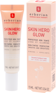 Erborian Skin Hero Glow, beżowy krem do twarzy w tubce 15ml i pudełku, z napisem "Non-Tinted Perfector".