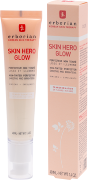 Erborian Skin Hero Glow, niebarwiony perfector wygładzający w brzoskwiniowej tubce i pudełku, widok z przodu, z czerwonym tekstem.