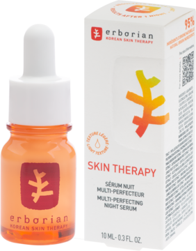 Erborian Skin Therapy Multi-Perfecting Night Serum 10ml, pomarańczowa butelka z zakraplaczem obok białego pudełka.