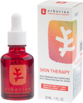 Erborian Skin Therapy Multi-Perfecting Night Oil-Serum: czerwona butelka z zakraplaczem i białe pudełko. Widok z przodu.