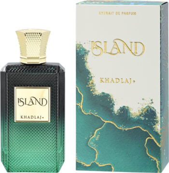 Unisex Khadlaj Island perfum. Butelka z zielonym gradientem i pudełko z tropikalnym motywem, widok z przodu.