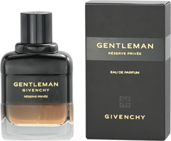 Woda perfumowana Givenchy Gentleman Réserve Privée, czarna butelka z bursztynowym płynem i pudełko, widok z przodu.