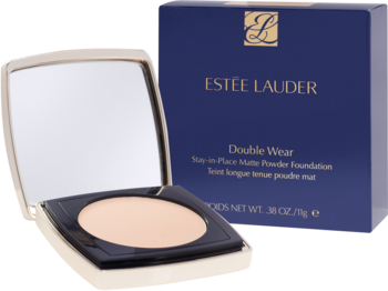 Estée Lauder Double Wear podkład w pudrze, otwarte beżowe opakowanie z lusterkiem i granatowym pudełkiem.