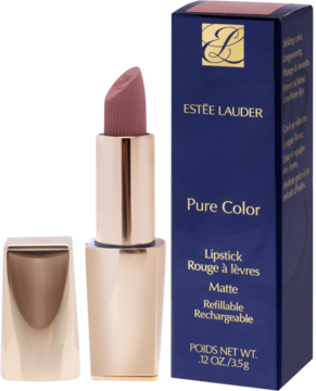 Estee Lauder Pure Color Refillable matowa szminka w odcieniu nude, otwarta w złotym etui, obok pudełko.