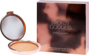 Otwarty puder brązujący Estee Lauder Bronze Goddess w różowozłotej puderniczce z lusterkiem, obok opakowanie.