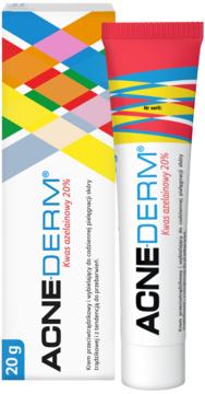 Krem Acne-Derm 20g z kwasem azelainowym 20% do skóry trądzikowej, biała tubka i pudełko z barwnym, geometrycznym wzorem.