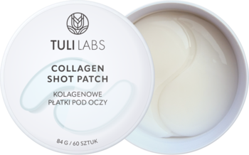 Tuli Labs Collagen Shot Patch, otwarte białe opakowanie z hydrokolagenowymi płatkami pod oczy zanurzonymi w płynie.