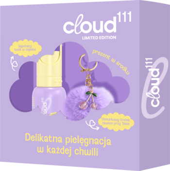 Zestaw Cloud 111 Limited Edition: fioletowa mgiełka do twarzy i puszysty brelok z wisienkami, widok z przodu.