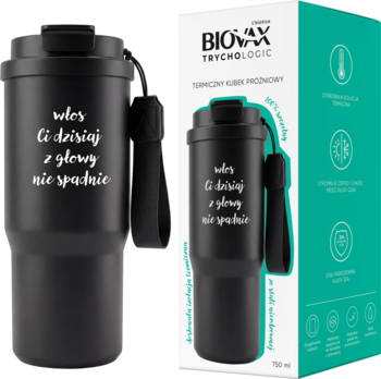 Termiczny kubek-termos 750ml czarny z białym napisem, obok pudełko BioVax Trychologic.