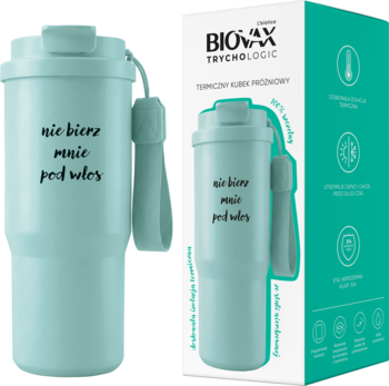 Miętowy kubek termiczny Biowax Trychologic 750ml z uchwytem, napisem, oraz jego opakowanie.