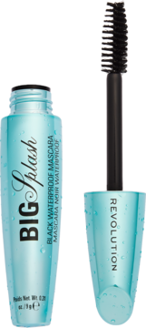 Revolution Big Splash czarny wodoodporny tusz do rzęs, turkusowe opakowanie z kroplami wody, wysunięta szczoteczka.