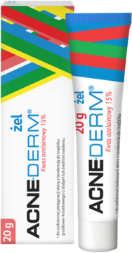 Acne-Derm żel z kwasem azelainowym 15% w białej tubce i pudełku z kolorowym wzorem, widok z przodu.