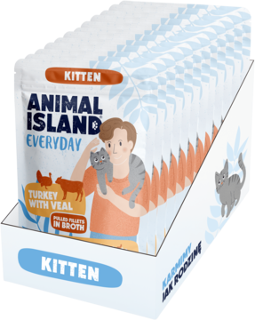 Ekspozytor z 12 saszetkami mokrej karmy Animal Island Everyday dla kociąt: indyk z cielęciną w rosole.