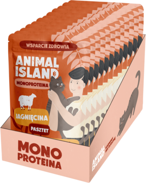 Pomarańczowy display z 10 saszetkami mokrej karmy Animal Island Monoproteina jagnięcina dla kota z ilustracją.