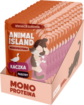 Zestaw 10 pomarańczowych saszetek karmy Animal Island Monoproteina kaczka dla kotów w stojaku, widok z przodu.