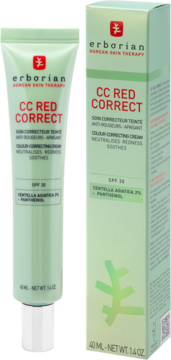 Erborian CC Red Correct krem korygujący zaczerwienienia z SPF 30 w tubce i pudełku, widok z przodu.