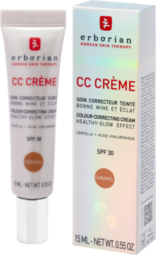 Erborian CC Crème SPF 30 Caramel w białej tubce i pudełku, widok z przodu, z czerwonym logo i brązową próbką.