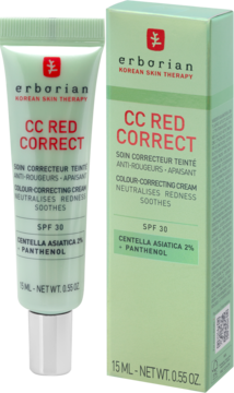 Erborian CC Red Correct, zielona tubka i pudełko z kremem na zaczerwienienia z Centella Asiatica, SPF 30.