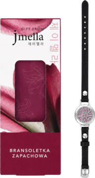 Bransoletka zapachowa Jmella Black, czarny pasek, srebrny ażurowy medalion, obok eleganckie pudełko.