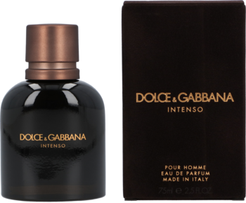 Woda perfumowana Dolce & Gabbana Pour Homme Intenso: ciemna butelka z brązową nakrętką i pudełko, widok z przodu.