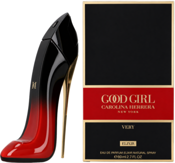 Perfumy Carolina Herrera Very Good Girl Elixir, flakon szpilka czarno-czerwona ze złotym obcasem i pudełko.