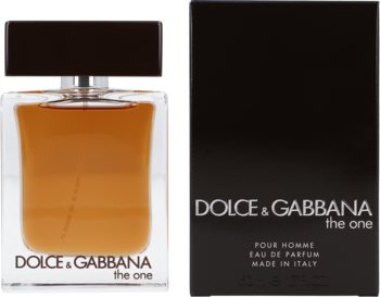 Dolce & Gabbana The One For Men, woda perfumowana męska. Przezroczysta butelka z bursztynowym płynem i czarne pudełko.