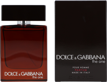 Widok z przodu ciemnobrązowej butelki perfum i pudełka Dolce & Gabbana The One For Men Parfum.