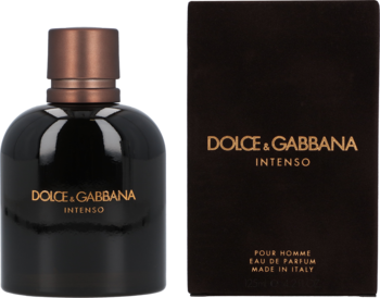 Męska woda perfumowana Dolce & Gabbana Intenso: ciemna butelka z miedzianym korkiem i brązowe pudełko obok.