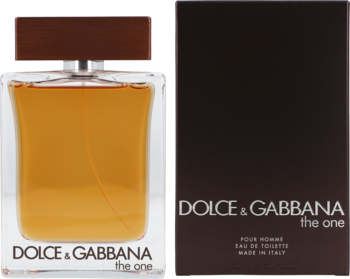 Woda toaletowa Dolce & Gabbana The One For Men, bursztynowa butelka z brązową nakrętką obok brązowego pudełka.