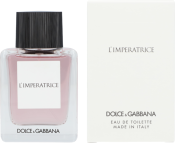 Woda toaletowa Dolce & Gabbana L’Imperatrice w przezroczystej butelce z różowym płynem, obok białe pudełko.