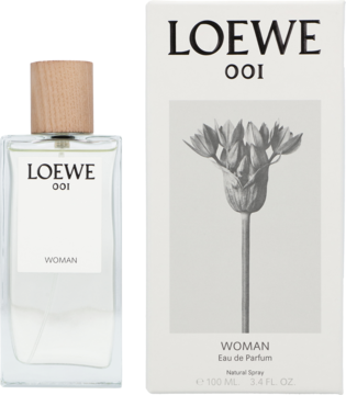Loewe 001 Woman woda perfumowana, przezroczysta butelka z drewnianą nakrętką i białe pudełko, widok z przodu.