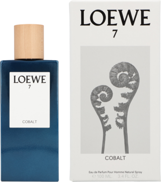 Loewe 7 Cobalt woda perfumowana dla mężczyzn, niebieska butelka z drewnianą zakrętką i białe pudełko z grafiką.