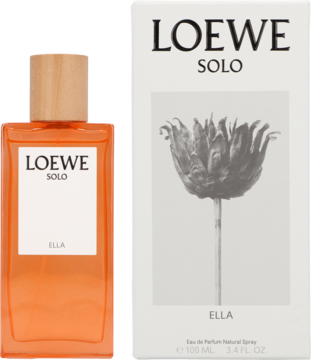 Loewe Solo Ella woda perfumowana, pomarańczowa butelka z drewnianym korkiem i białe pudełko z kwiatem, przód.