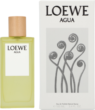 Loewe Agua woda toaletowa, jasnozielona butelka z drewnianą nakrętką i białe pudełko z grafiką paproci, widok przód.