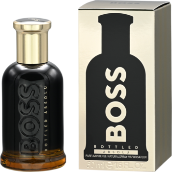 Perfumy męskie BOSS Bottled Absolu, butelka z ciemnego szkła i złote opakowanie, widok z przodu.