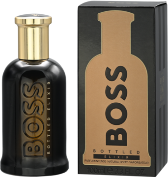 Czarna butelka Hugo Boss Bottled Elixir Woda Perfumowana ze złotym napisem i pasujące pudełko, widok z przodu.