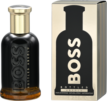 Perfumy BOSS Bottled Absolu: ciemna butelka ze złotym korkiem i logo BOSS, obok złote pudełko. Widok przodem.