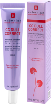 Erborian CC Dull Correct SPF 25, fioletowy krem rozświetlający w tubce i pudełku stojących obok siebie.
